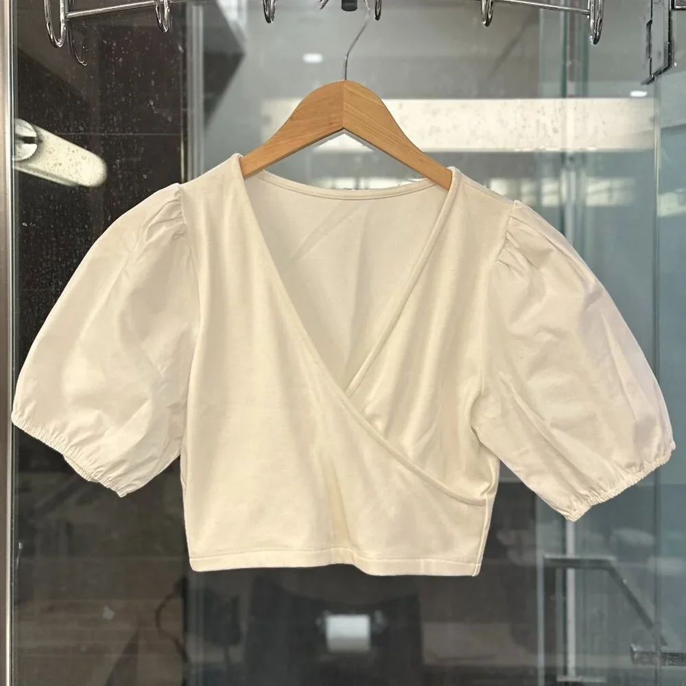 (NWOT) NLT Cotton-Poplin Puff Sleeve V-Neck Crossover Cropped Blouse (White) - Picture 8 of 14